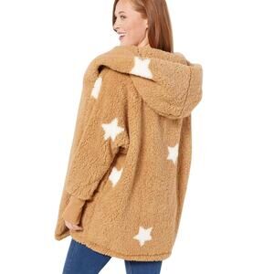 GILI Tan White Stars Lounger Oversized Faux Sherpa Teddy Hoodie Thumb Hole XL 1X